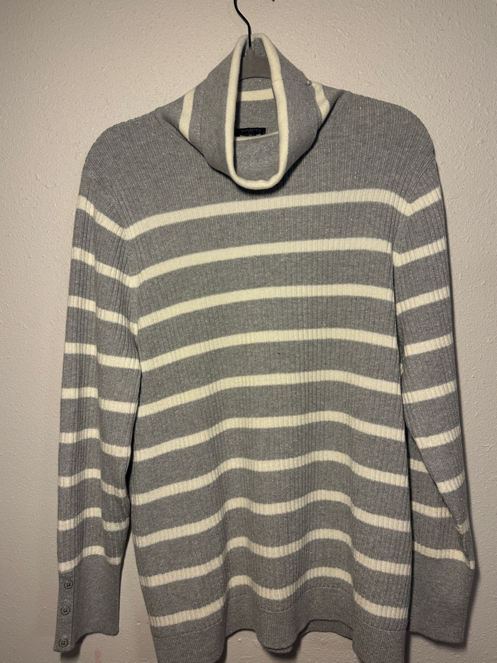 Talbots Cream and Gray Striped Turtleneck Sweater with subtle shimmer